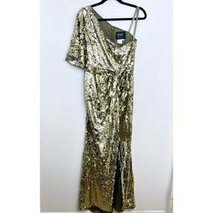 MAC DUGGAL Womens Gold Sequin Long One Shoulder Bell Sleeve Formal Gown Size 8